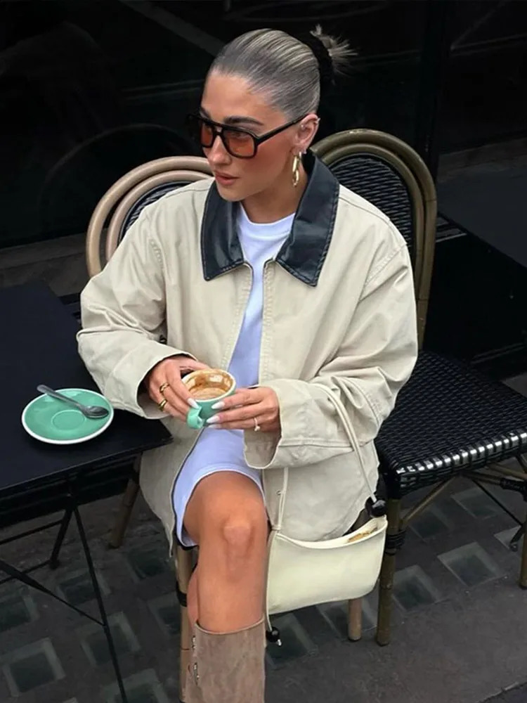 Elegant Contrast Lapel Women Coat Full Sleeve Pocket Zipper Female Jacket 2024 Casual Autumn Winter Patchwork Loose Lady Outwear 250120
