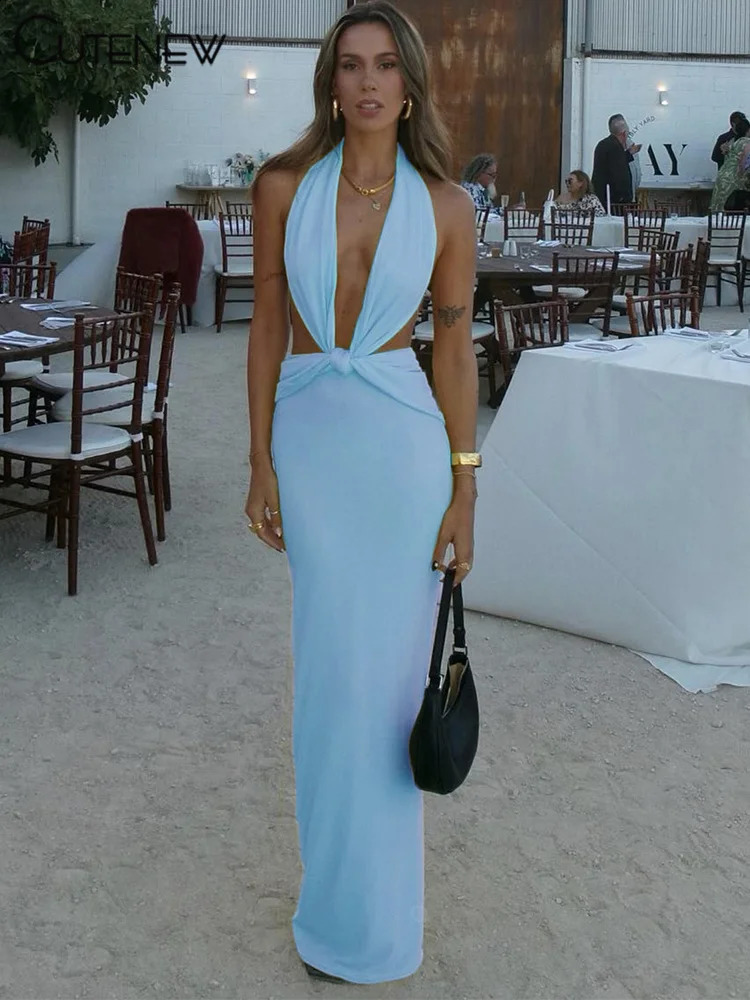 Cute Halter Shirring Maxi Dress Women Solid Elegant Sexy V-neck Backless Bandage Slim Vestidos Female Party Concise Bodycons 250206
