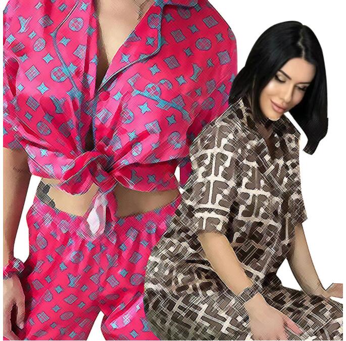 Womens silk Sleep Lounge pajamas two-piece set designer short sleeved pants home outfit (including headband)