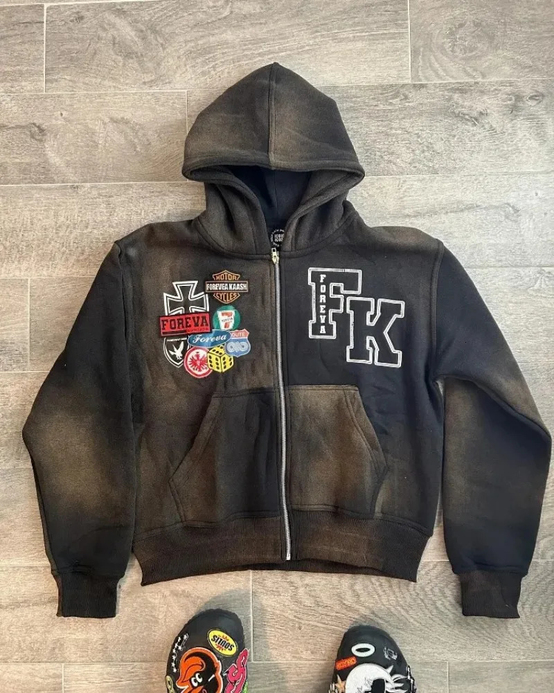 Felpa con cappuccio con cerniera con stampa alta lettera retrò per donna Y2K baggy Goth Harajuku moda street cardigan coppia felpe casual 250207 96