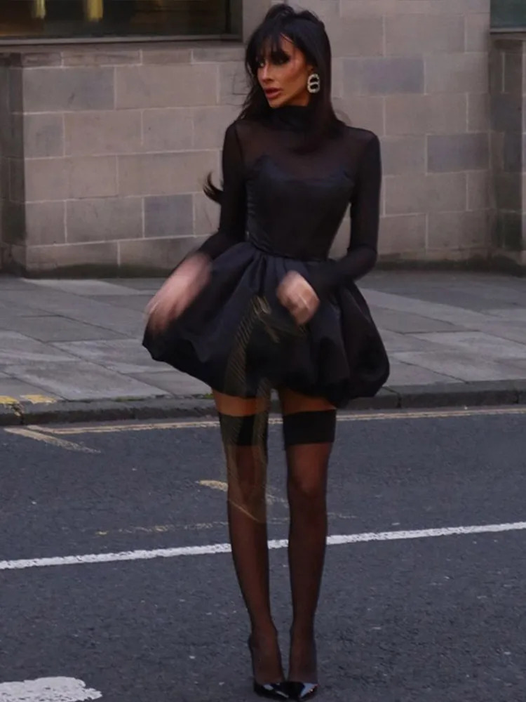 Elegant Lace Women See Through Long Sleeves Puffy Dresses Female 2024 Fashion Solid Evening Party A Line Robe Lady 250207 df