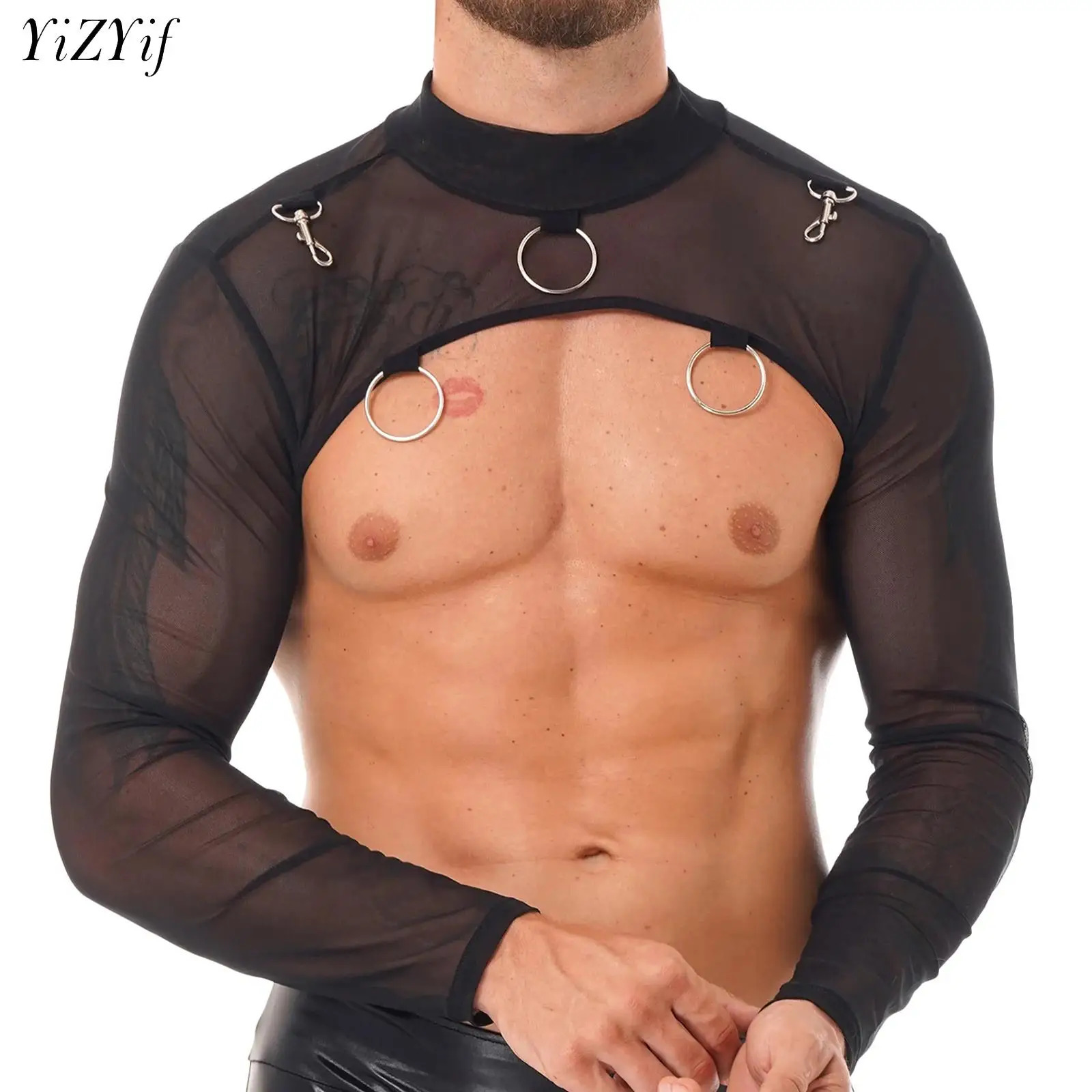 Fashion Men Half T Shirt Long Sleeve ORing Crop Top TShirt Sexy See Through Mesh Tee Streetwear Party Nightclub Women Clothing 250107Z