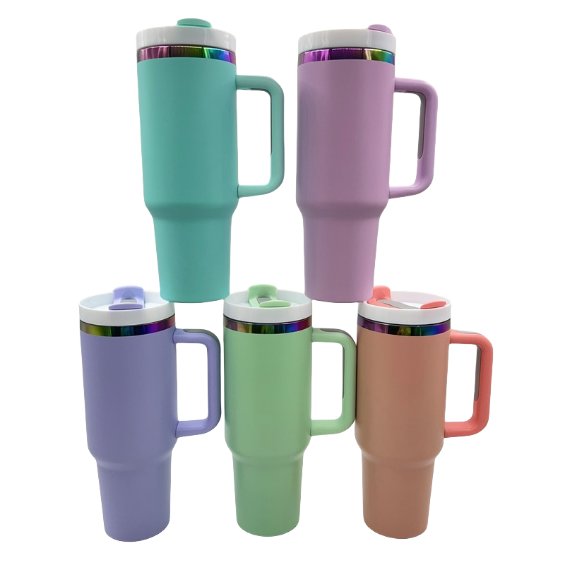 Rainbow Plated 40oz Tumbler With Handle Macaron Powder Coated Double Wall Stainless Steel Insulated Travel Car Coffee Cups Mug Water Bottle For L-image-1095694680