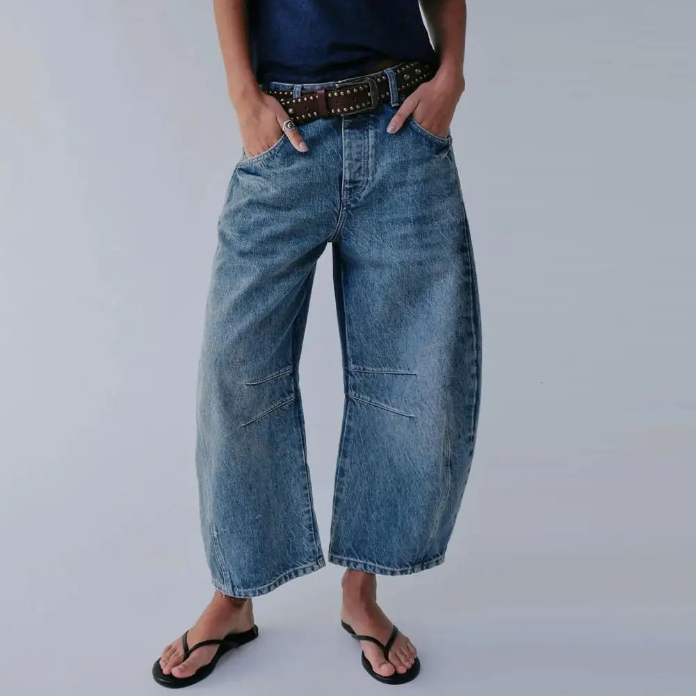 Loose Jeans Stylish Womens Gradient Color Wide Leg with Pockets Hip Hop Retro Denim Trousers for Ladies Mid Waist Ankle 250121BANJIA