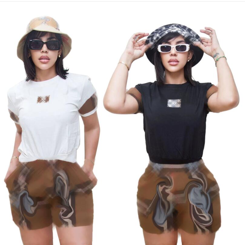 Womens Tracksuits Fashion High Waist Checkered Sports suits Designer Exposed Navel Sexy Letter Elastic Sports Tank Top Shorts 2-piece Sets
