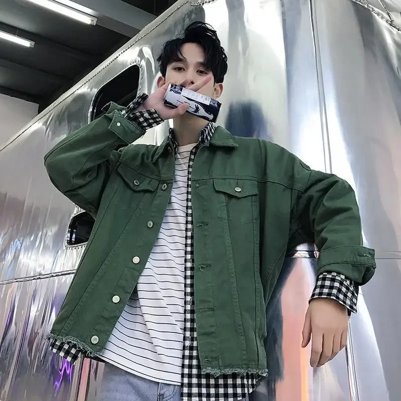 Black with Hole Button Male Jean Coats Ripped Mens Denim Jacket Autumn Green Winter Trendy Japanese Low Price Joker Elatic 250207BJ
