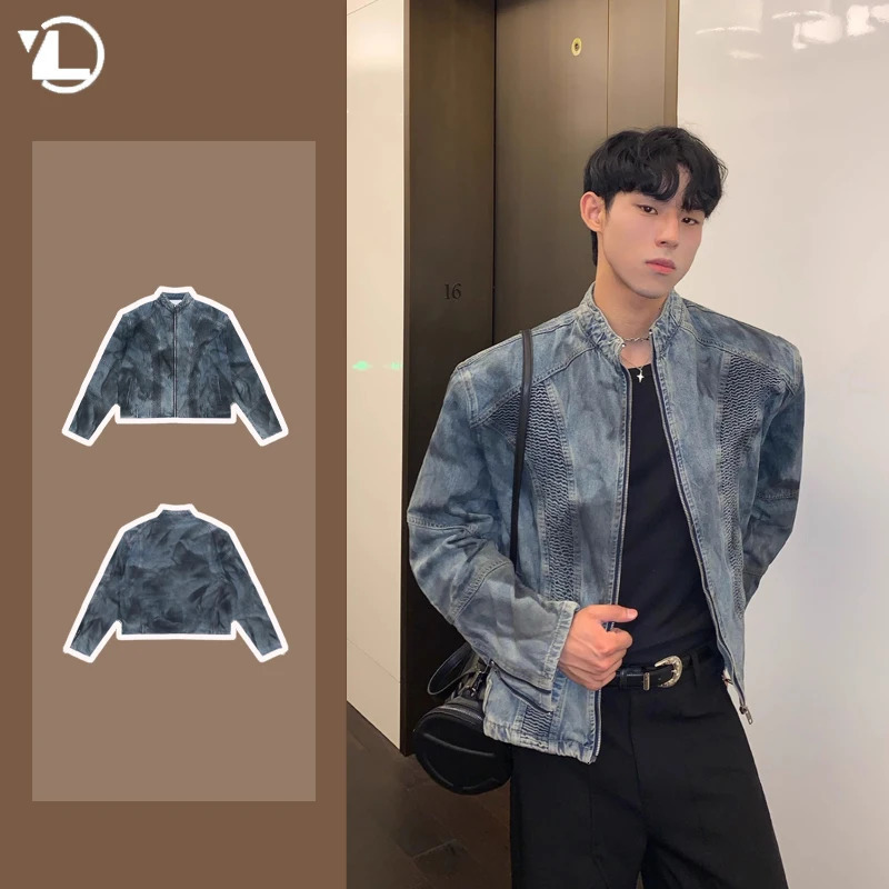 Hip Hop Mens Denim Jacket Spring Wrinkle Spray Paint Shoulder Pad Cowboy Coats Zipper Loose High Street Male Outwear 250207BJ