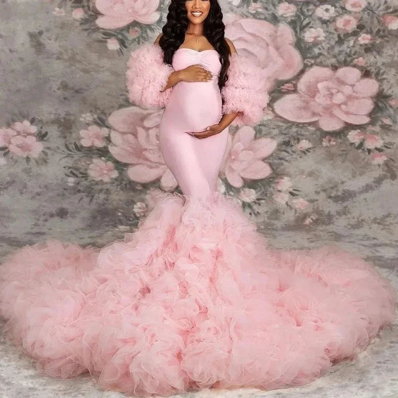 Stretch Pink Mermaid Maternity Dresses Poshoot Puffy Sleeves baby shower dress pregnancy dresses vestidos para emc M260226-image-1095548013