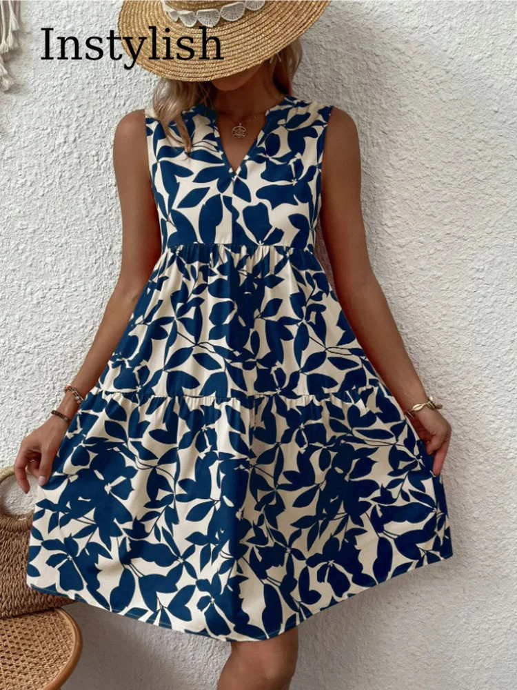 Women Boho Print Mini Dress Summer Elegant Sleeveless V Neck Ruffle A Line Tank Casual Loose Oversize Beach Party Sundress 250121Z