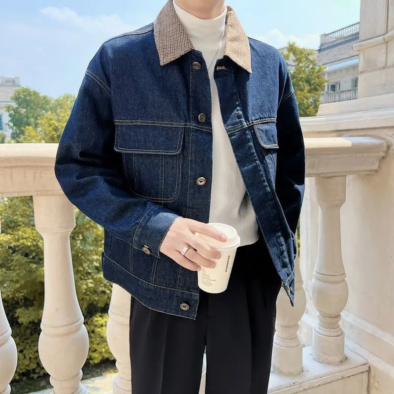 Male Jean Coats Cotton Blue Autumn Mens Denim Jacket Cowgirl Original Korea Worn Clothing Aesthetic Joker Loose Lxury 250207BJ