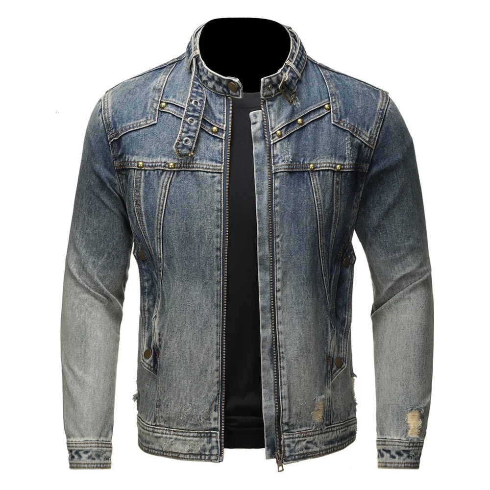 Men Rivet Denim Jacket Casual Holes Ripped Cotton Biker Coat Stand Collar Gradient Color Vintage Retro Blue Outerwear 250207BJ