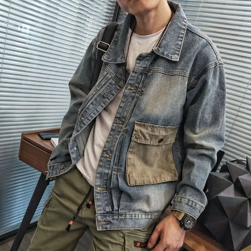 Male Jean Coats Outwear Autumn Blue Mens Denim Jacket Overcoat Cargo Wide Shoulders in Menswear Original Winter Washed 250207BJ