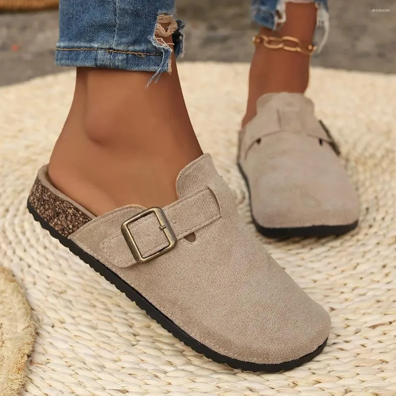 Slippers Women's Closed Toe Round Suede Clog Sandals Fall 2025 Vintage Solid Color Flat Ladies Shoes