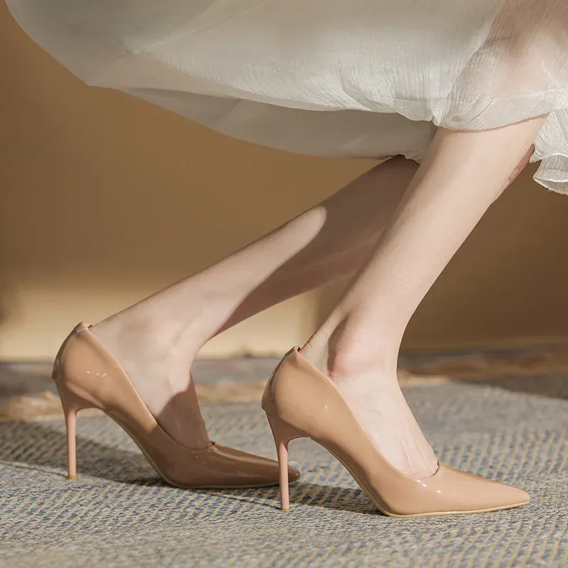 Nude Thin High Heels Women 2025 Spring Autumn New Temperament Patent Leather Women's Pumps Sexy Pointed Toe Office Shoes Heels