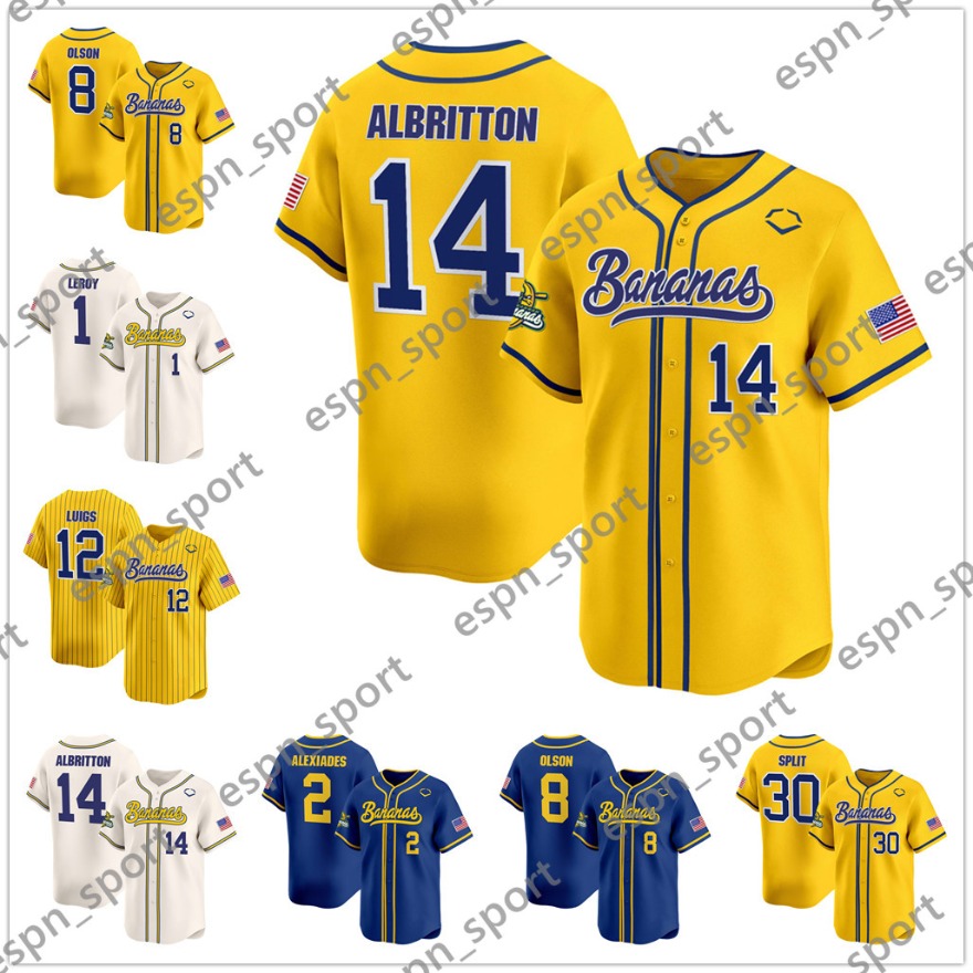 Custom 2024 Savannah Bananas Split Jackson Olson Baseball Jersey Bill LeRoy Brandon Crosby Dakota Albritton Kyle Luigs Malachi Mitchell Reese Alexia