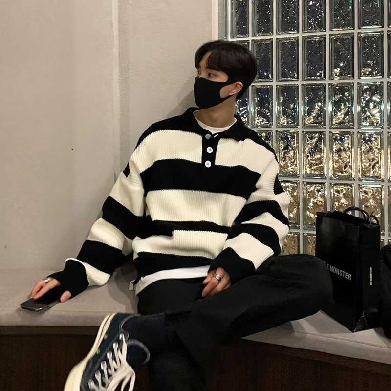 Brand Trendy Brand Pullover Sweater Mens lâche et polyvalent à rayures Polo Collit tricot Pull Étudiant couple Top décontracté