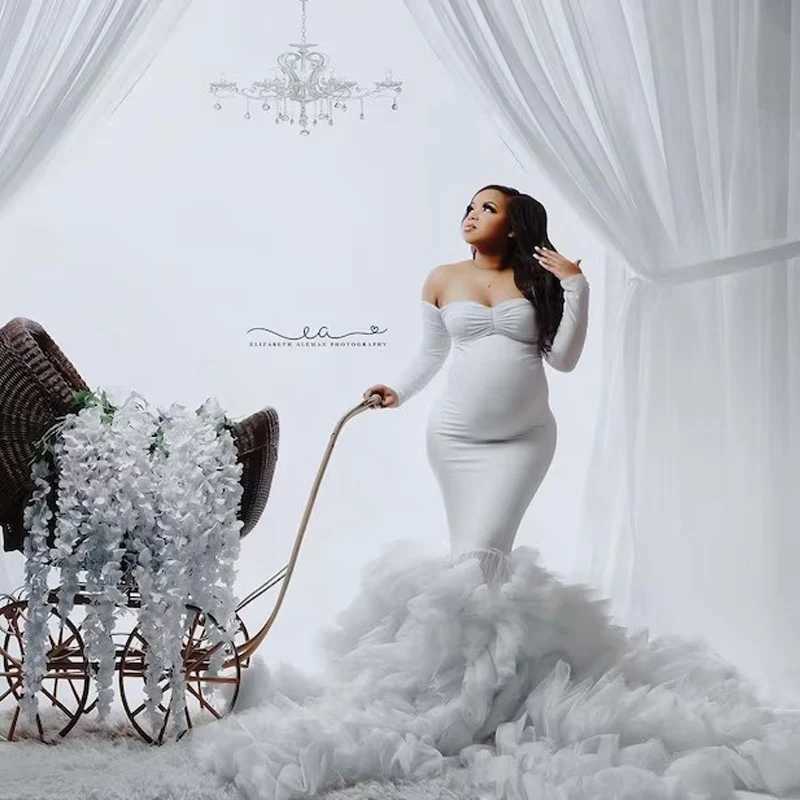 Maternity Dresses mermaid maternity studio chiffon pleated front split baby shower dress suitable for pregnant women H250211-image-1073761770