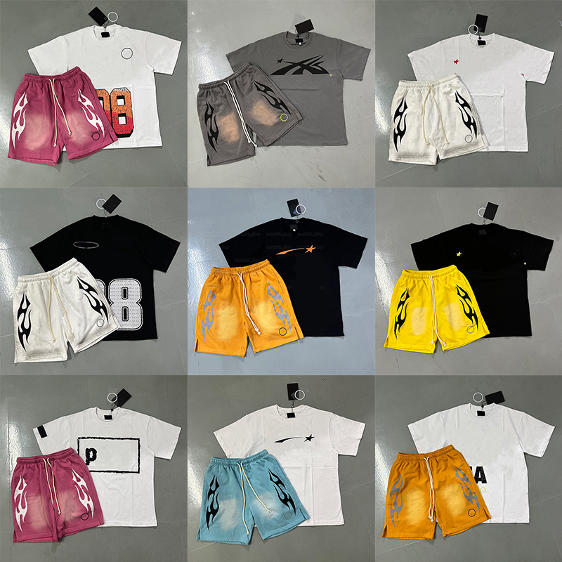 designer shirt mens t shirt tracksuit set Hip Hop mens tee set graphic tracksuit two-piece hipster pants washed fabric Street graffiti foil print Vi