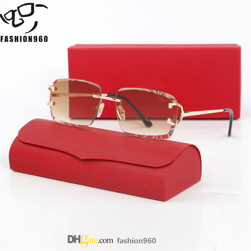 Vintage Rimless Square Mens Sunglasses for Women Luxury Brand Designer Popular Diamond Cut Travel Driving Metal Leopard Head Sun Glasses Edge Gol