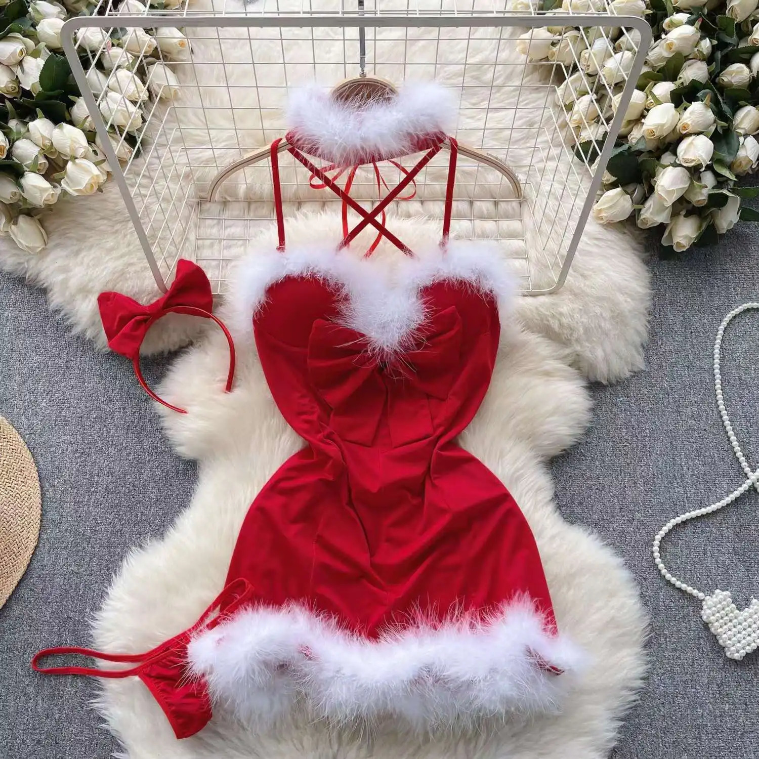 Winter Patchwork Christmas sweet Womens Short Dress Sexy Bodycone Plush Red Cross Strap Halter Neck Erotic Mini 250210