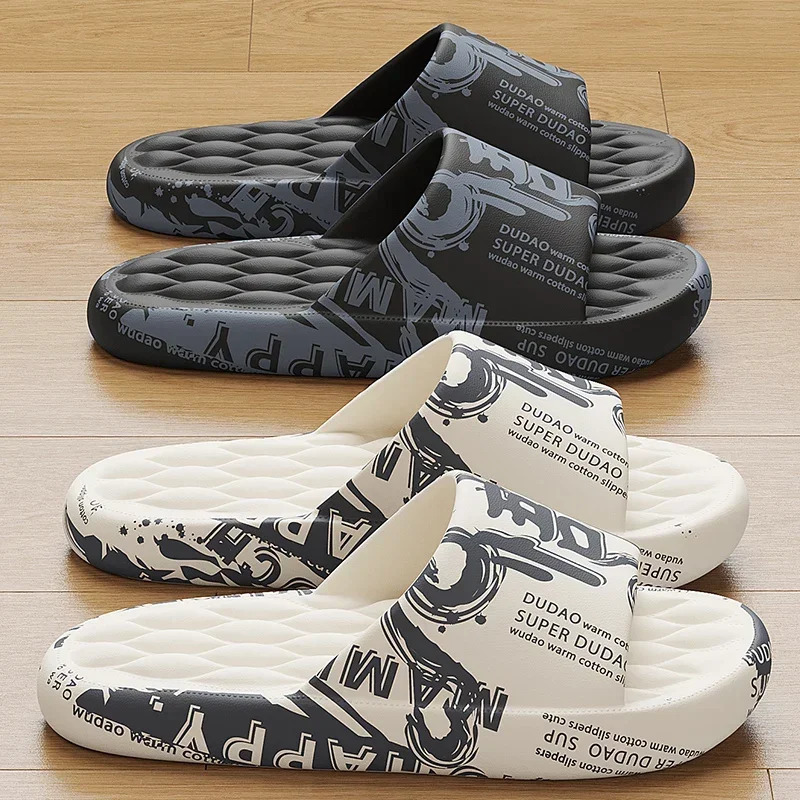 QYCKABY Mens Summer Slippers Beach Sandals Flip Flop Printing Thick Soled Unisex Home Bath Shoe Large Size 46-47 250207