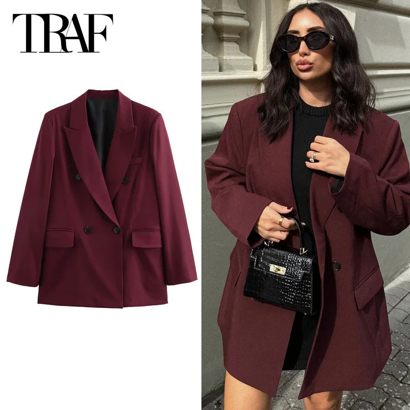 HXAO Womens Blazer Office Wear Women Burgundy Blazers Outerwears Autumn Womens Suit Jacket Red Long Sleeve Coats Blazer Mujer 250207BJ