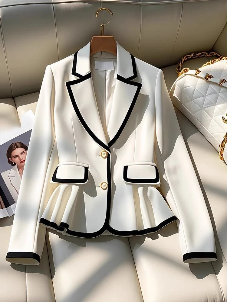 French Elegant Blazers Notched Collar Long Sleeve Ruffles Contrast Color Coats Spring Autumn Female Slim Womens Clothing 250207BJ