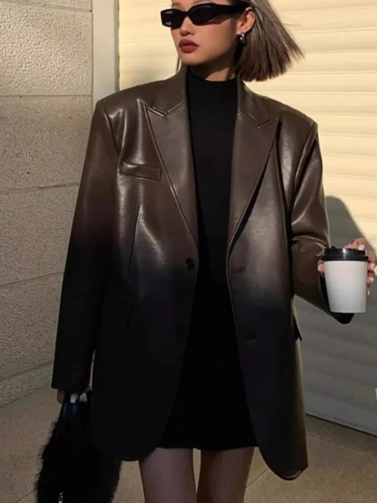 Brown Soft PU Leather Blazer Jacket Motorcycle Long Sleeve Single Breasted Casual Coats Tops Autumn High Streetwear 250207BJ