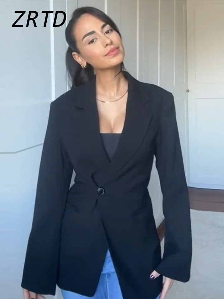 Elegant Womens One Button Solid Blazers Slim Notched Collar Shoulder Pads Long Sleeve Jacket Spring Lady Commute Outwear 250207BJ