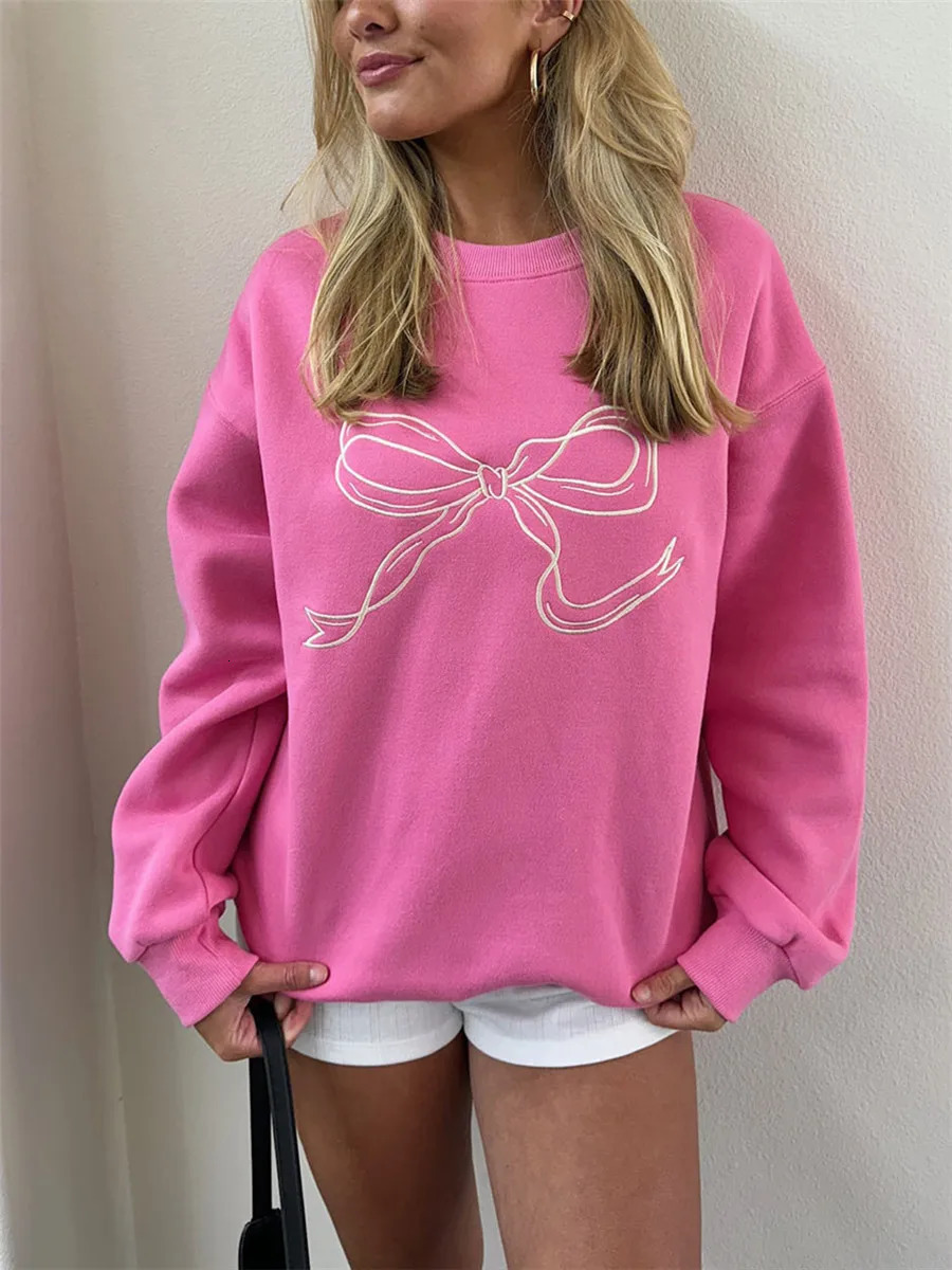 Cute Pink Bow Prints Hoodie for Women Fall Casual Loose Round Neck Long Sleeve Sweatshirts Female Spring Pullovers Tops Coat Y2K 250211