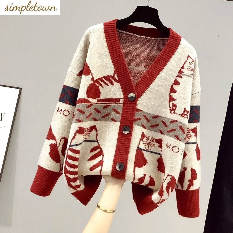 2023 Spring and Autumn Cartoon Contrast Color Fashion Sweater Womens Vneck Knitted Cardigan Coat Trend 250107Z
