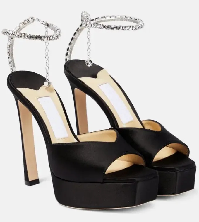 Design de luxe Femmes à talons hauts Sandales satines PF Plate-forme en daim Sandale avec Crystal Embellishd Crystal-Chain Open Toe 35-43box