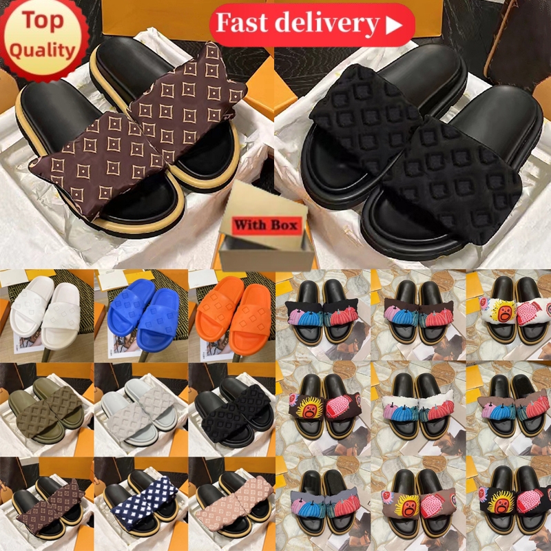 With Box Designer Sliders Women Men Pillow slippers Flat Comfort Mules Slides Fashion Classic Prints Embossed Summer Sandals Black Grey Beach Sho-image-845724557