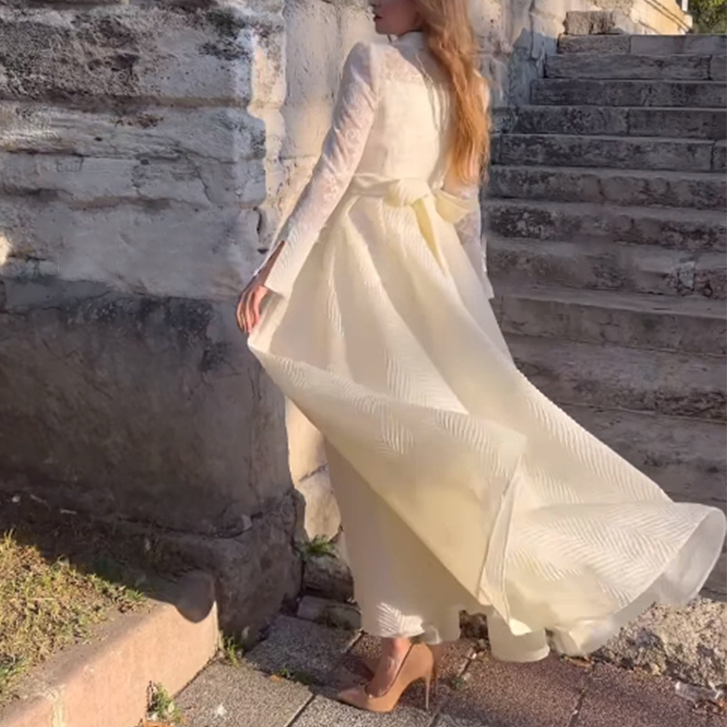 (439) nouvelle robe slim à manches longues en dentelle perlée sur la poitrine blanche, rétro française, à la mode