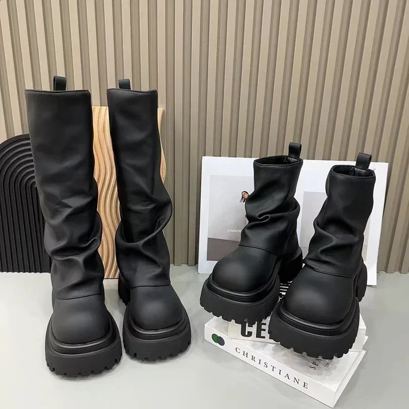 Punk Style Women Motorcycle Knee-High Boots Fashion Thick Heel Shoes Autumn Winter Womens Knight Long Booties 250214