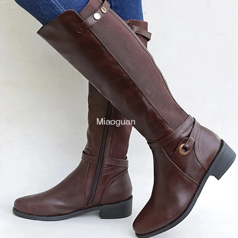 Boots de cuero Pu de tacón grueso de mujer botas largas Botas altas para damas Autumn Winter Gothic Shoes Woman Women Bread Becerd 250214