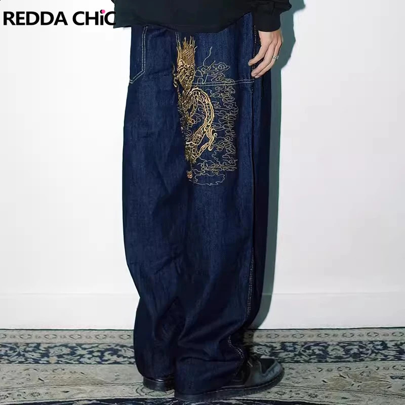 REDDACHIC Mens Dragon Embroidery Baggy Jeans 90s Skater Hiphop High Waist Loose Casual Wide Leg Pants Y2k Vintage Streetwear 250214