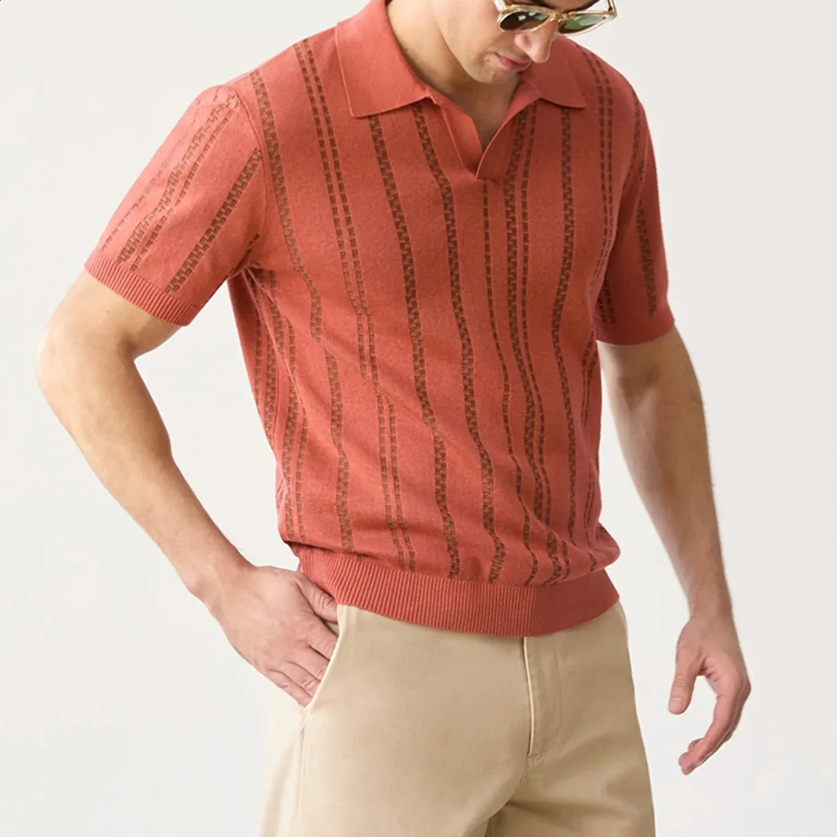 Summer Mens Clothing Jacquard Knit V Neck Short Sleeve Polo Shirt Leisure Breathable Fashion High Quality Knitwear M-3XL 250214BJ