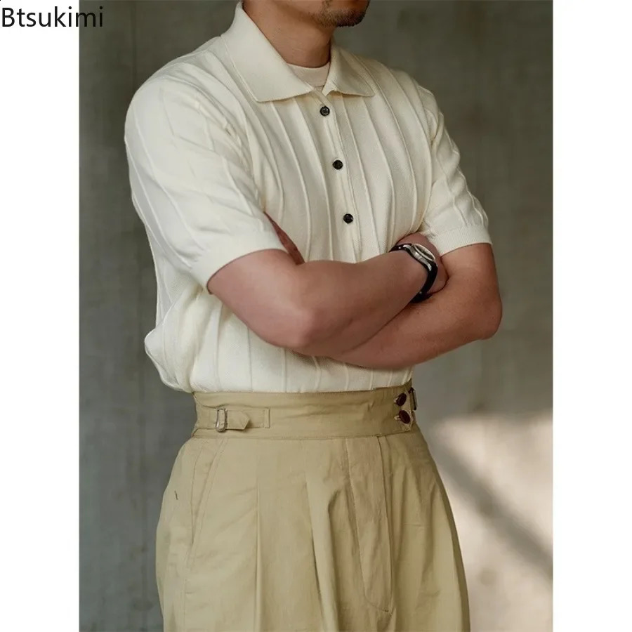 Mens Summer Ice Silk Short Sleeve Polo Shirt Fashion Striped Solid Knitted Lapel Button Shirt Male Business Casual T-shirt 250214BJ