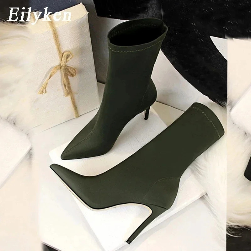 Equal Fashion Stretch Fabric Women Ankle Boots Autumn Winter Female Pointed Toe Thin Heels Party Prom Socks Shoes 250214