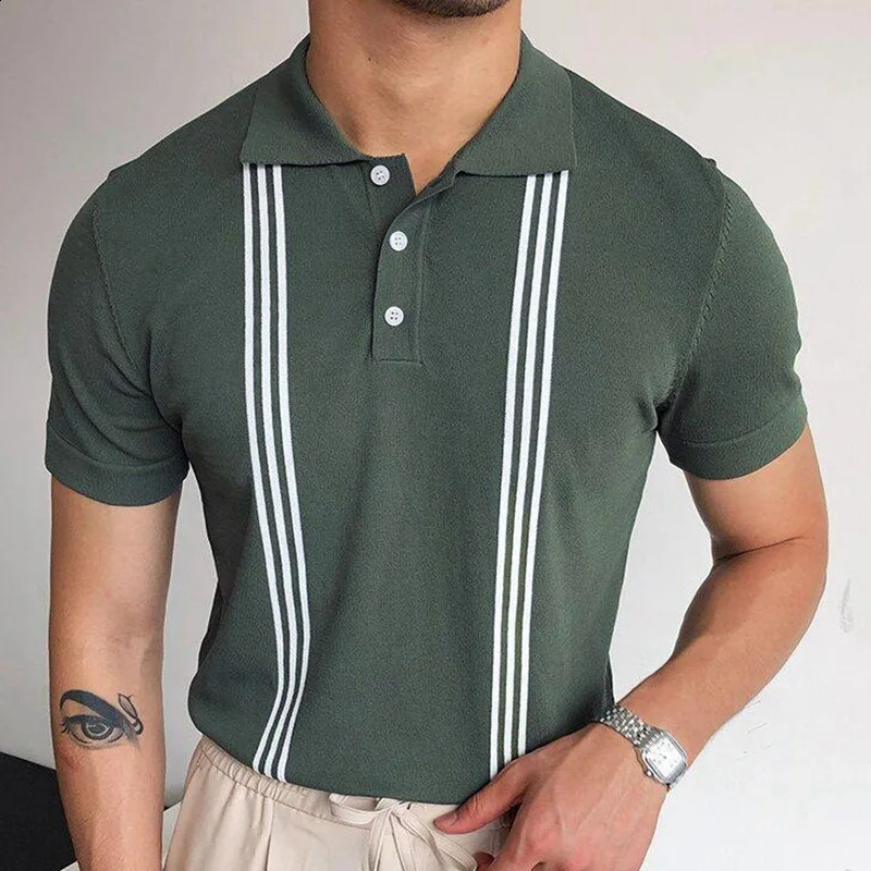 Mens Summer Green Stripe Fashion Short Sleeve Polo Shirt Casual Knitted High Quality Mens Simple Business T-shirt M-3XL 250214BJ