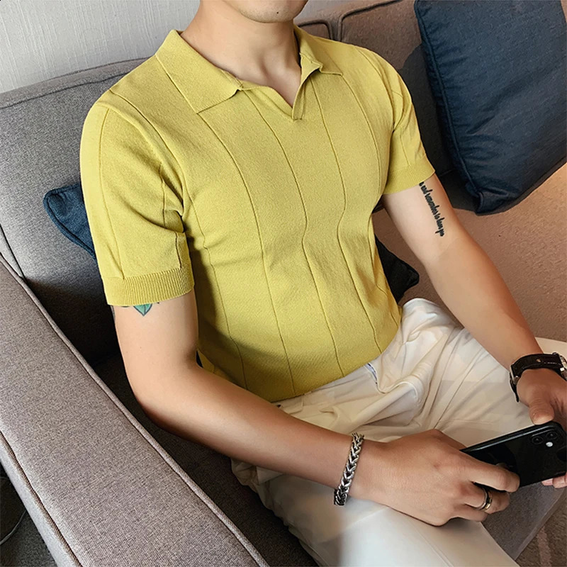 High Quality Elastic Slim Knit Tops Men Casual Solid Short Sleeve Lapel Shirts Summer Fashion Knitted Polo Shirt Mens Streetwear 250214BJ