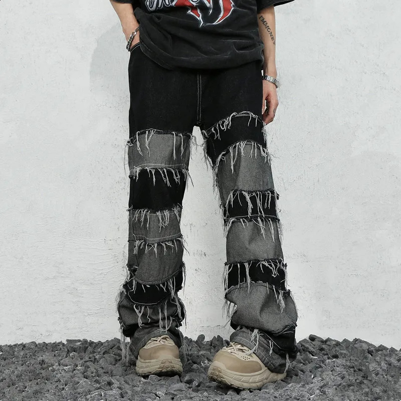 Ropa Grunge Y2K streetwear bag stacking jeans mens clothing patch work straight loose pants Pantalones Hombre 250214