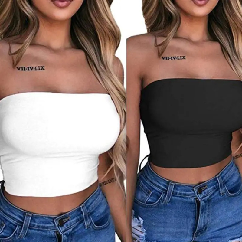 Womens Sexy Strapless Off Shoulder Crop Tube Top Solid Color Stretchy Bandeau 250214