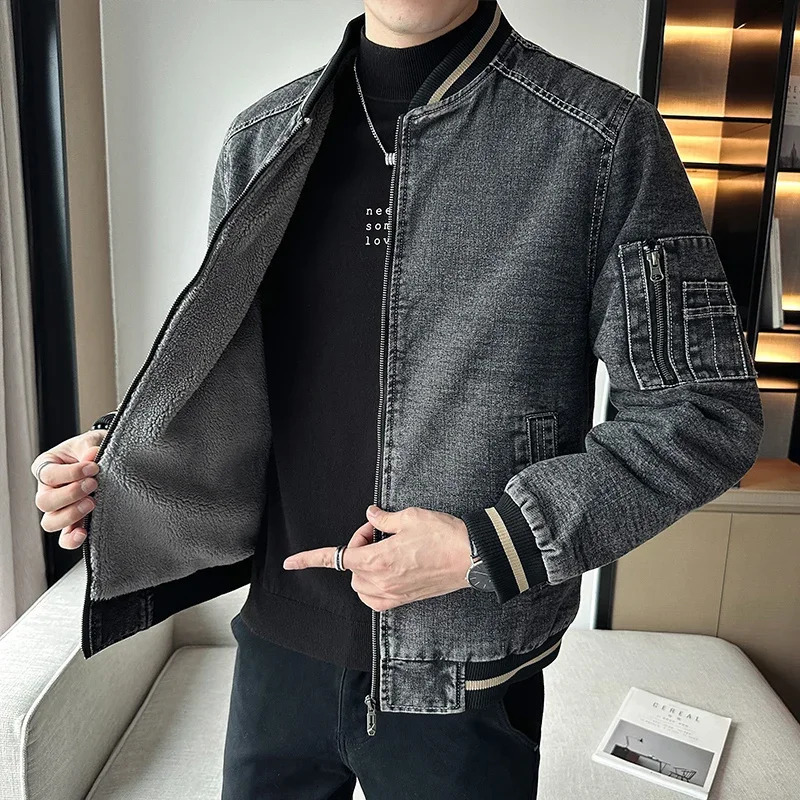 Retro washed winter denim jacket mens fashionable thick wool warm baseball casual loose motorcycle windproof 250214Z