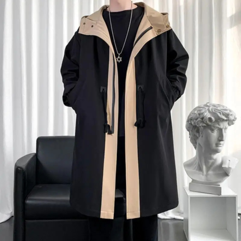Spring Long Style Coat Mens High Quality Casual Trench Coat Casual Hoooded Jackets Mens Clothing Windbreakers Waterproof 250214BJ