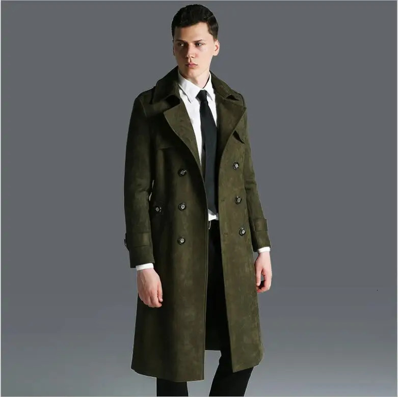 Europe Fashion Army Green Gray Black Coat Deer suede Trench Coat Mens Long windproof Spring and Autumn Clothing 250214BJ
