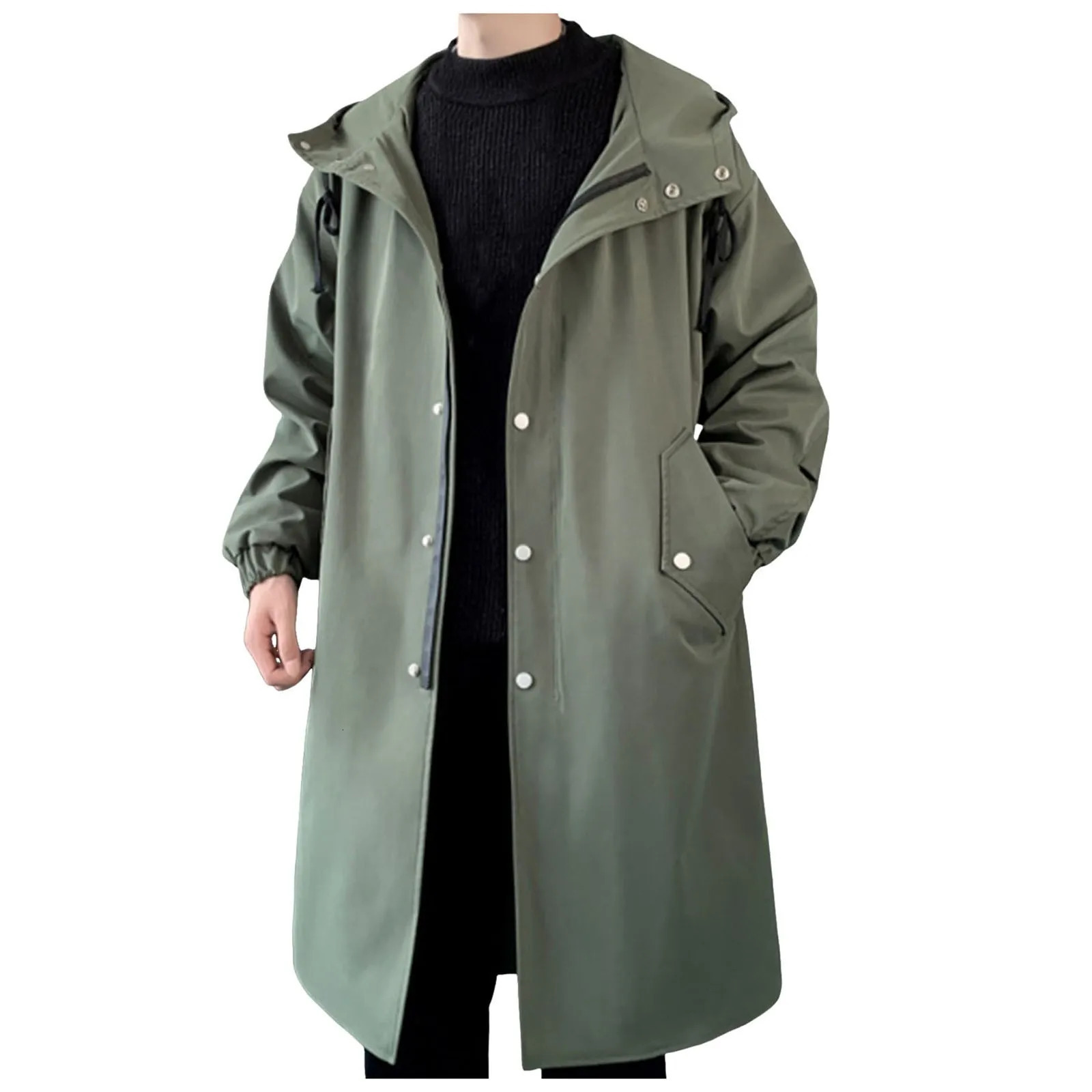 Mens Solid Color Loose Jacket Midlength Padded Hooded Coat Youth Casual Trench Coat Loose Fit Windproof Hooded Windbreaker 250214BJ