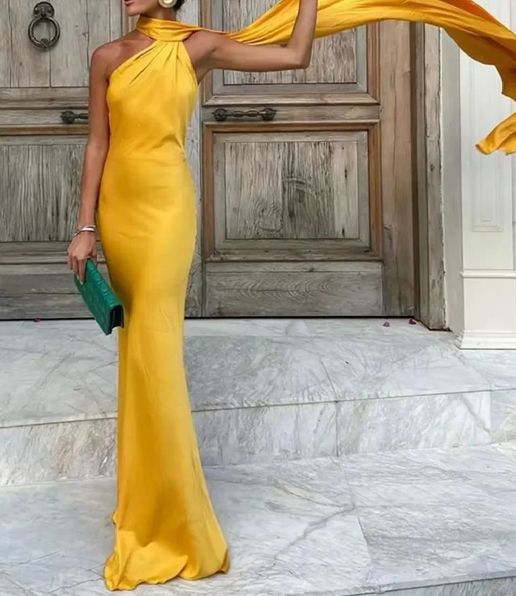 2025 Spring Satin Evening Dress Women Elegant Ribbon Halter Sexy Backless Party Elegant Dresses Famale New Robes Vestidos Ladies