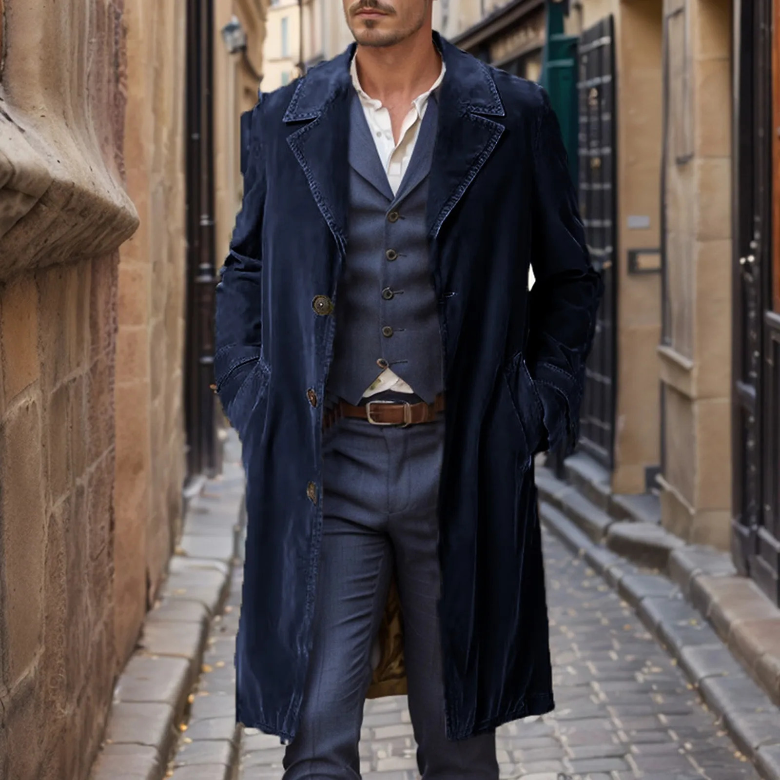 MenS Autumn Stylish Long Length Windbreaker Corduroy Solid Color Lapel Pocket Slim Button Trench Coat Jackets For Men Fashion 250214BJ